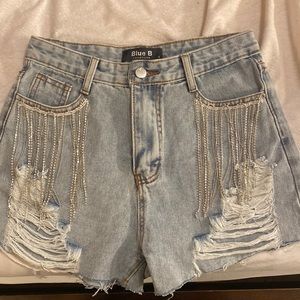 Super cute denim shorts with sparkle fringe!!